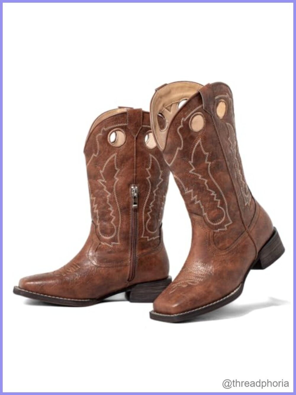 Wide Calf Western Cowboy Boots Faux Leather Square Toe Mid Calf Chunky Heel